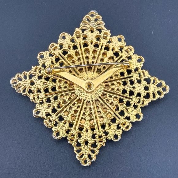 Victorian Revival Porcelain Courting Couple Brooch Gold Tone Open Work Filigree - Picture 3 of 5